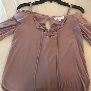 Pink cold shoulder lace up top